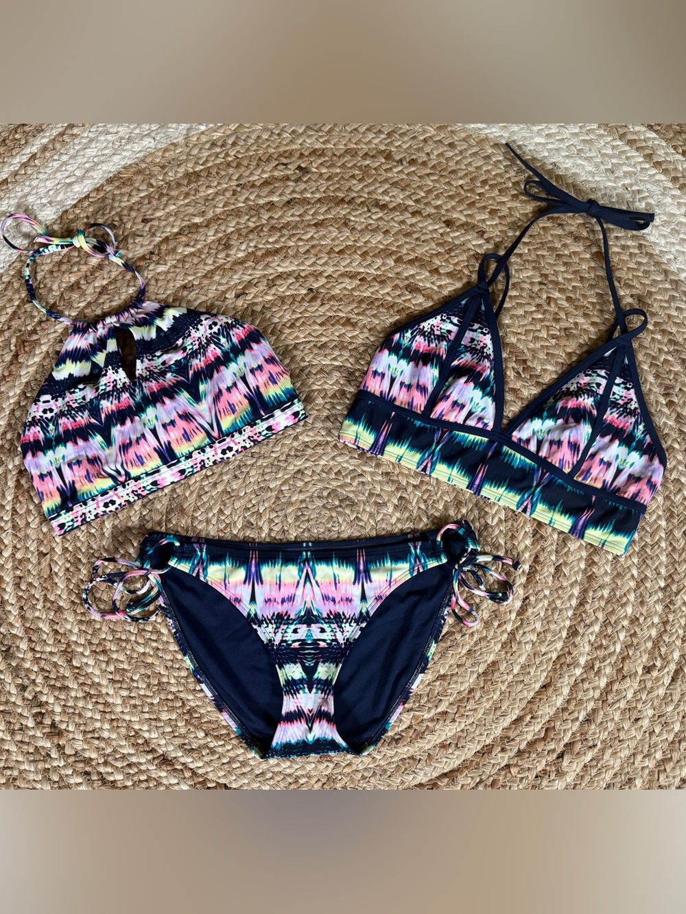 Athleta Boho Bright 3 Piece Swim Set Ikat Chevron Bikini Bundle Capsule Summer